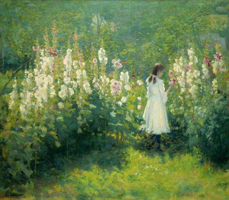 Girl Among The Hollyhocks by John Hafen