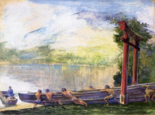 A Torii On Shore Of Lake Chusenji, Japan. Fishermen Pushing Out Their Boat by John Lafarge