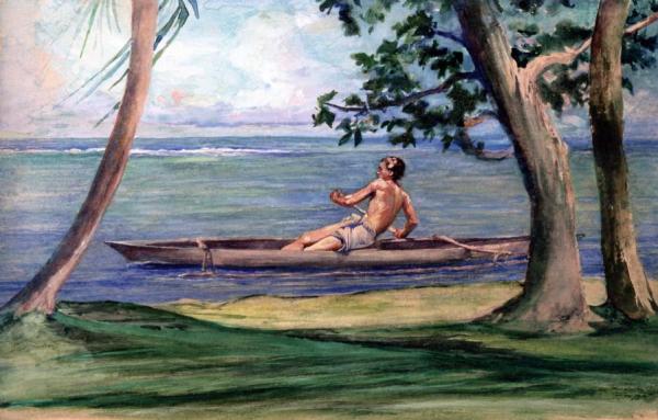 Boy In Canoe Passing In Front Of Our House, Vaiala, Samoa by John Lafarge