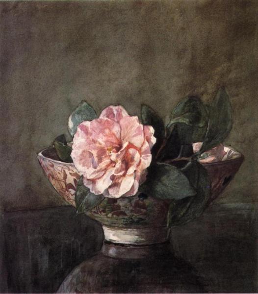 John Lafarge Camellia In Old Chinese Vase On Black Lacquer Table