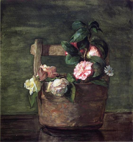 Camellias And Roses In Japanese Vase Of Earthenware With Crackle by John Lafarge