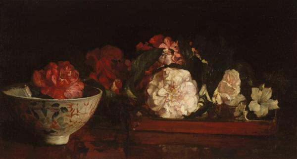 Flowers In A Japanese Tray On Mahogany Table by John Lafarge