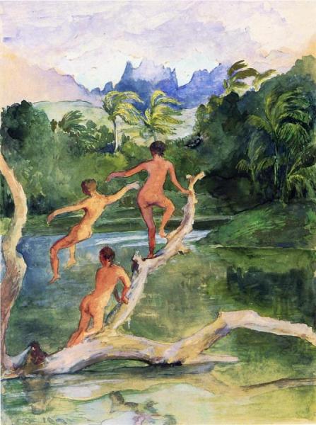 Girls Bathing On The Shore Near Papeete In An Outlet Of The River Fautaua.  The Diadem Or Crown Mountain In Distance. Northwest Wind Blowing - Later Afternoon, February by John Lafarge