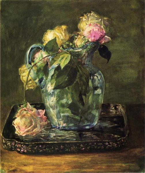 Roses In Blue Crackle Glass Pitcher by John Lafarge