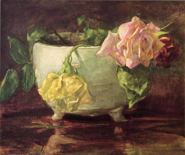 Roses In Old Chinese Bowl by John Lafarge