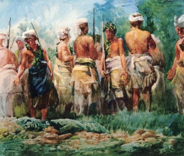 Soldiers Bringing Presants Of Food In Military Order. Iva In Savaii, Samoa by John Lafarge