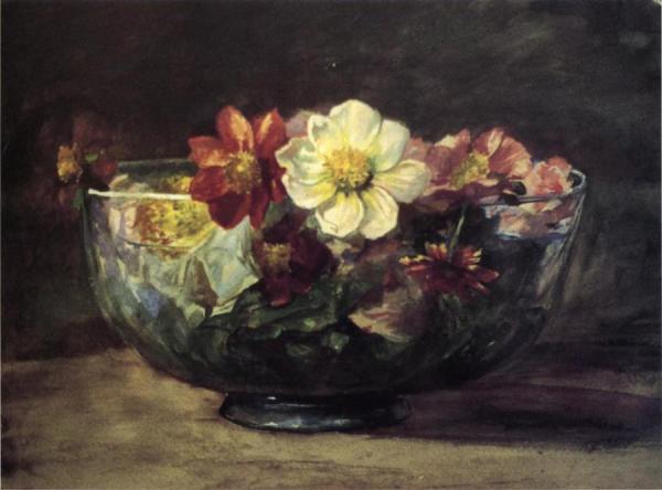 Study Of Autumn Flowers In Persian Glass Bowl With White Enamel Edge by John Lafarge