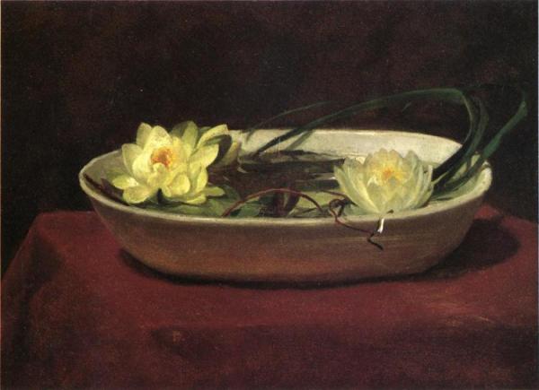 Water-lilies In A White Bowl - With Red Table Cover by John Lafarge