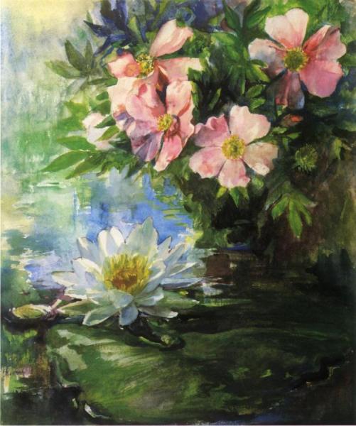Wild Roses And Water Lily - Study Of Sunlight by John Lafarge