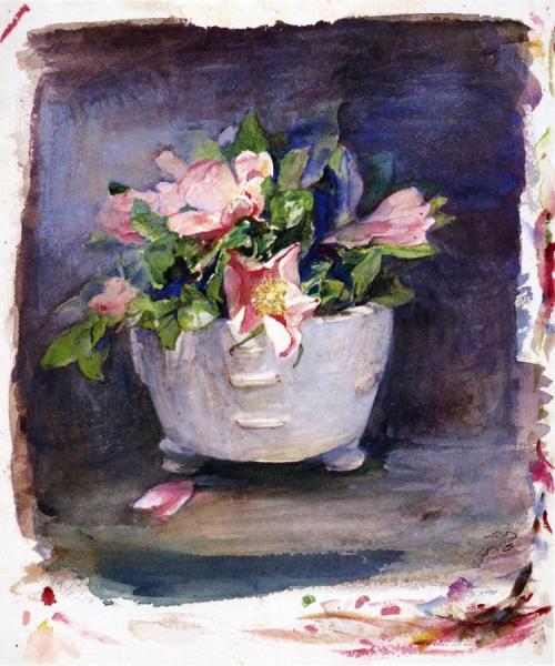 Wild Roses In A White Chinese Porcelain Bowl by John Lafarge Oil Painting Reproductions