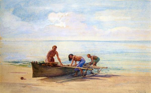 Women Drawing Up A Canoe, Vaiala In Samoa, Otaota, Her Mother And A Neighbor by John Lafarge