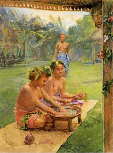 Young Girls Preparing Kava. Outside Of The Hut Whose Posts Are Decorated Wih Flowers; The Attendant, Standing In The Background Is There To Hand The Cocoanut Cup When Filled by John Lafarge