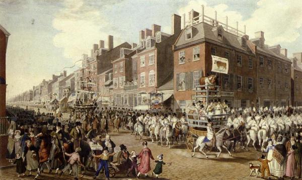 View Of The Parade Of The Victuallers From Fourth And Chestnut Streets by John Ludwig Krimmel