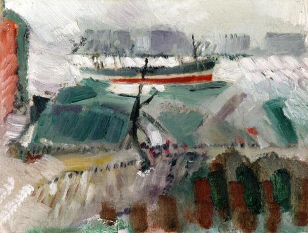 Docks, Boat, And City Skyline by John Marin