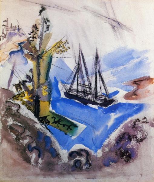 Trees, Rocks And Schooner by John Marin