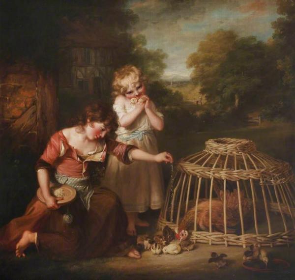 The Two Daughters Of The Artist, Anne And Maria Feeding Chickens In A Landscape by John Russell