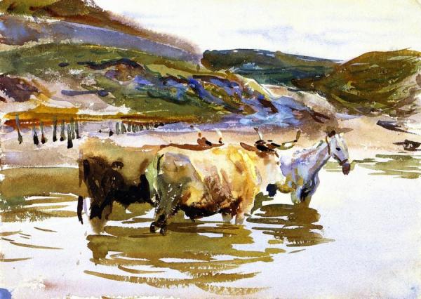 A Horse And Two Oxen At A Ford by John Singer Sargent Oil Painting Reproductions