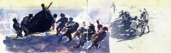Men Hauling A Boat Up A Beach (from Scrapbook) by John Singer Sargent