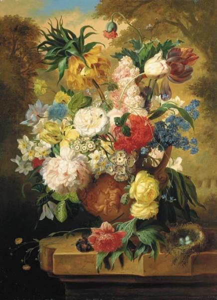 Flowers N A Terracotta Vase On A Marble Ledge In A Landscape by John Wainwright