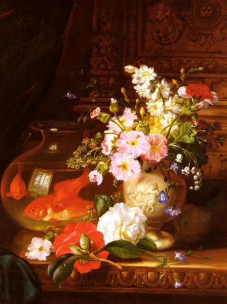 Still Life With Camellias, Primroses And Lily Of The Valley In An Urn By A Goldfish Bowl by John Wainwright