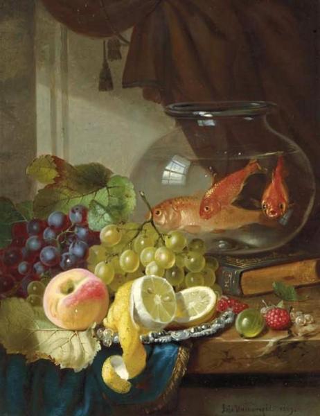 John Wainwright Still Life With Fruit And Goldfish In A Bowl On A Ledge