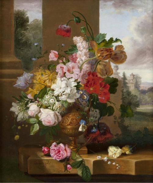 Still Life With Tulips, Roses And Lily Of The Valley With A Cabbage-white Butterfly In An Urn by John Wainwright Oil Painting Reproductions