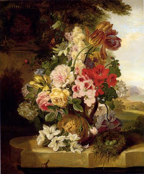 Still Life With Tulips, Roses, Passion Flowers And A Butterfly by John Wainwright