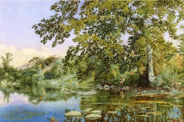 John William Hill River Landscape With Boy Fishing