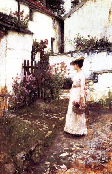 Gathering Flowers In A Devonshire Garden by John William Waterhouse