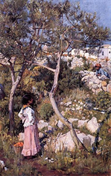 Two Little Italian Girls By A Village by John William Waterhouse Oil Painting Reproductions