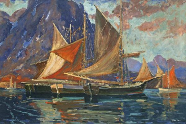 Fishing Boats In A Harbor by Jonas Lie Oil Painting Reproductions