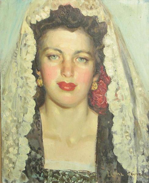 A Portrait Of A Young Woman In A Lace Mantilla by José Cruz Herrera Oil Painting Reproductions