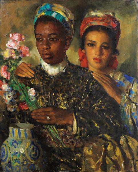 Women Arranging Flowers by José Cruz Herrera Oil Painting Reproductions