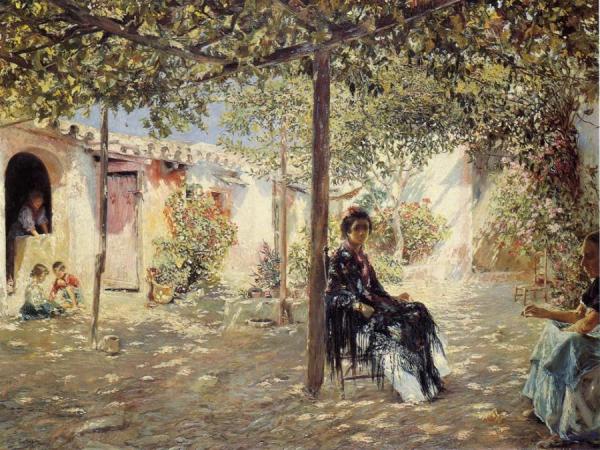 Ladies In A Sun-dapples Courtyard by Jose Gallegos Y Arnosa