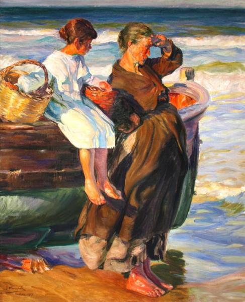 Mujer Y Niña En La Playa De Cullera by Jose Mongrell Torrent