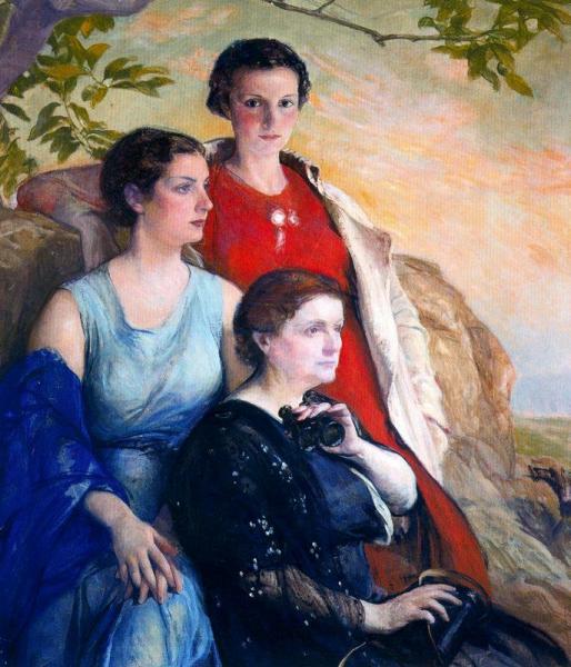 Retrato De La Mujer Del Artista Con Sus Hijas Carmen Y Josefina by Jose Mongrell Torrent