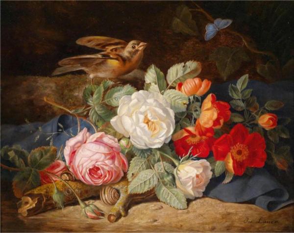 Bouquet Of Flowers With Roses, Butterfly And Snail by Josef Lauer Oil Painting Reproductions