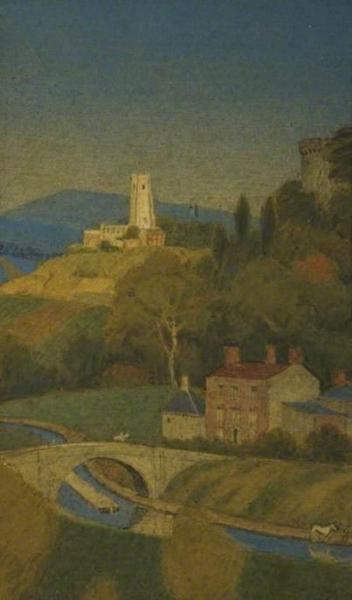 Landscape, Looking Down On A Valley With Distant Church And Canal by Joseph Edward Southall