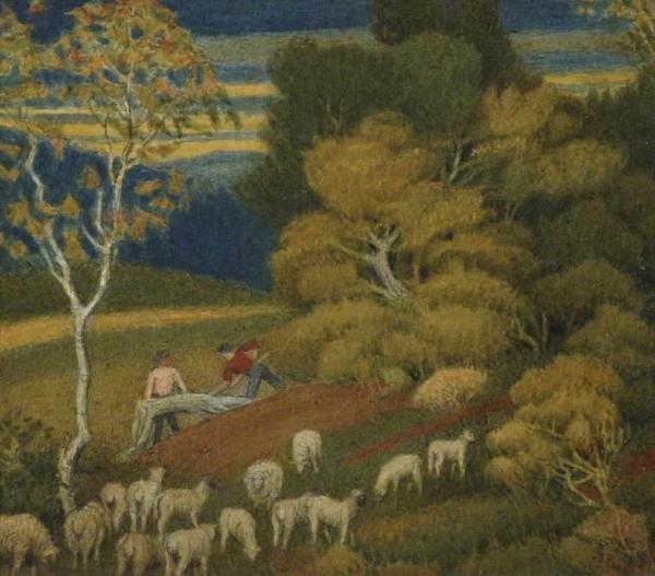 Landscape With Sheep And Woodmen by Joseph Edward Southall