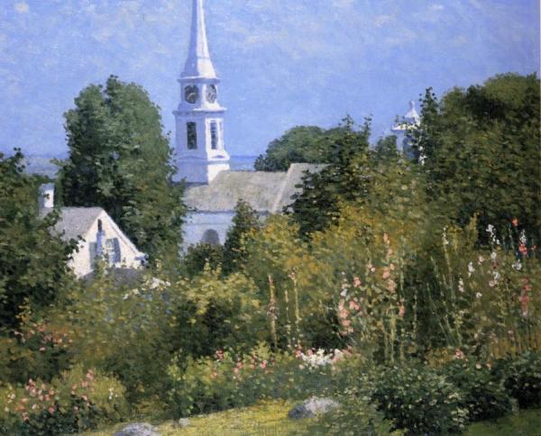 Hollyhocks Garden, Mystic, Connecticut by Joseph Eliot Enneking