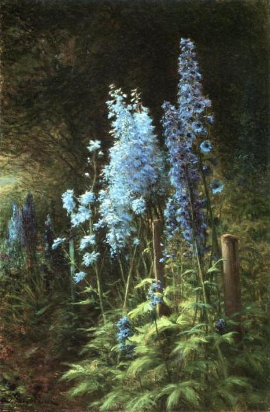 Delphiniums In A Wooded Landscape by Joseph Farquharson