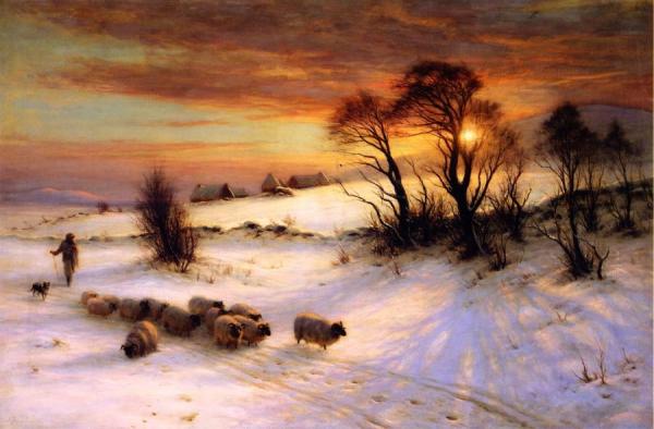 Herding Sheep In A Winter Landscape At Sunset by Joseph Farquharson
