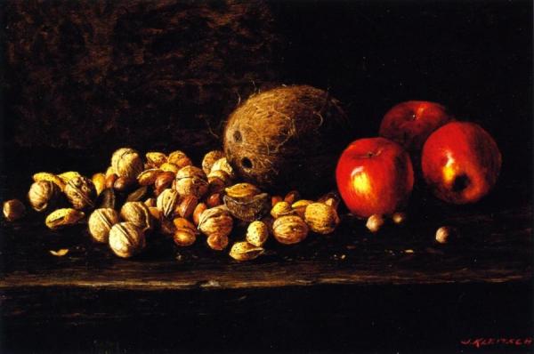 Untitled Still Life With Nuts, Coconut And Apples by Joseph Kleitsch