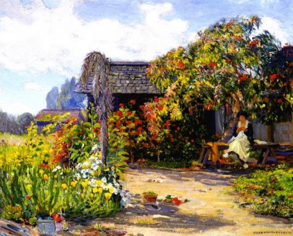 Woman Seated In The Garden Sewing by Joseph Kleitsch