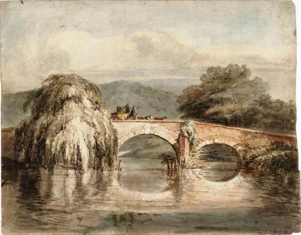 A Coach Crossing A Two-arched Bridge, With A Weeping Willow by Joseph Mallord William Turner