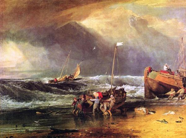A Coast Scene With Fishermen Hauling A Boat Ashore by Joseph Mallord William Turner