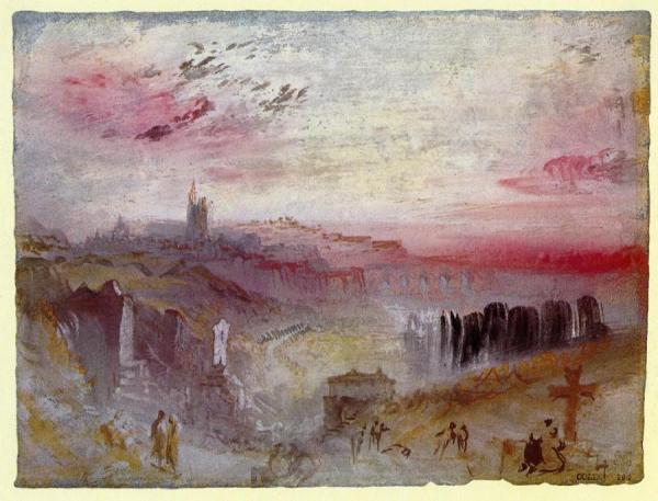 View Over Town At Sunset: A Cemetery In The Foreground by Joseph Mallord William Turner