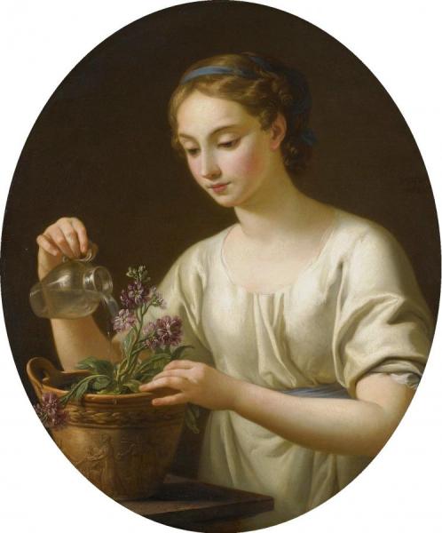 A Young Woman, Watering A Pot Of Flowers by Joseph Marie Vien