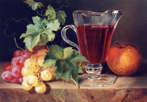 Grapes And A Jug Of Wine On A Ledge by Joseph Schuster