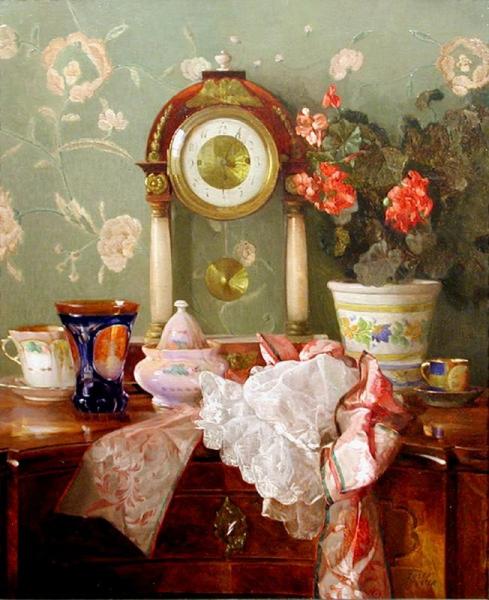 Still Life With Clock by Joseph Schuster Oil Painting Reproductions